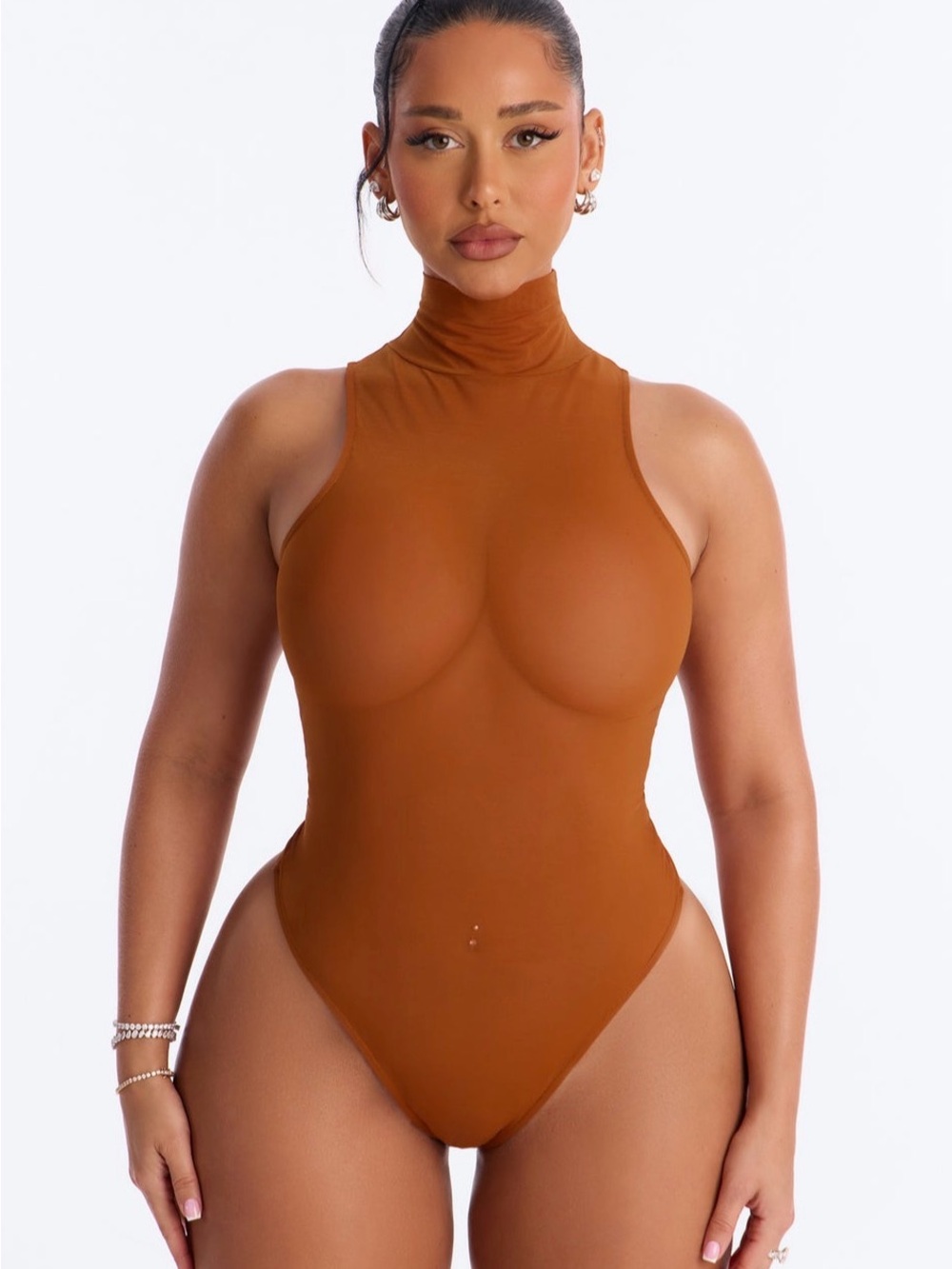 Fashion Nova Sleeveless High Neck Bodysuit in Rust Brown